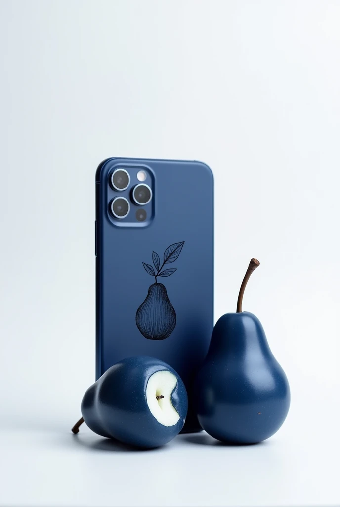 A navy blue cell phone with a navy blue pear drawn on the back, next to a royal navy blue pear with a bite. The background is white and clean, highlighting the objects.