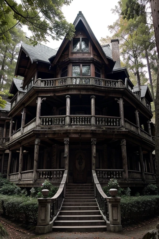 A huge house in the forest with balconies that look like eyes. Horror atmosphere