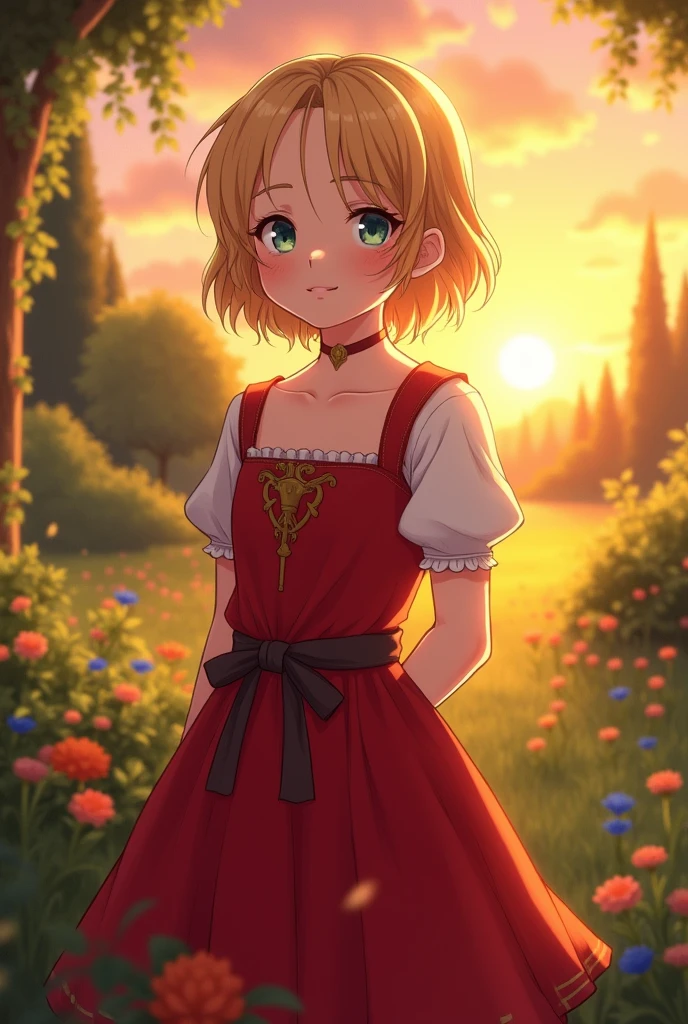 , 10 years old, looking at the camera with a slight smile. Her hair is blond, short to her shoulders and she is wearing a red and white dress from medieval times. The background is a beautiful garden at sunset with the sun setting. Setting: Medieval era [Drawing style: Realistic anime]