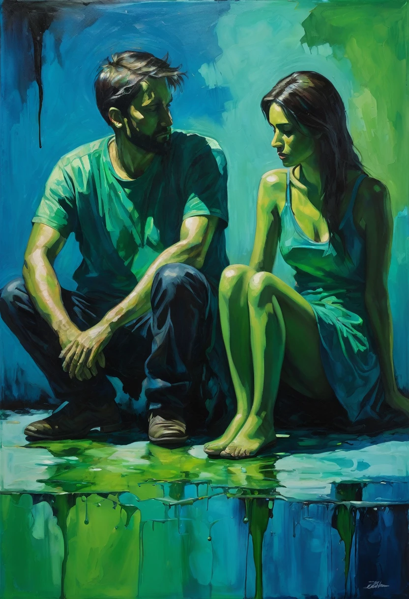 Oil painting, Blue and green colors, woman and Man sitting and looking ground, darkness, sadness, faded, spilled, dark, artistic,
