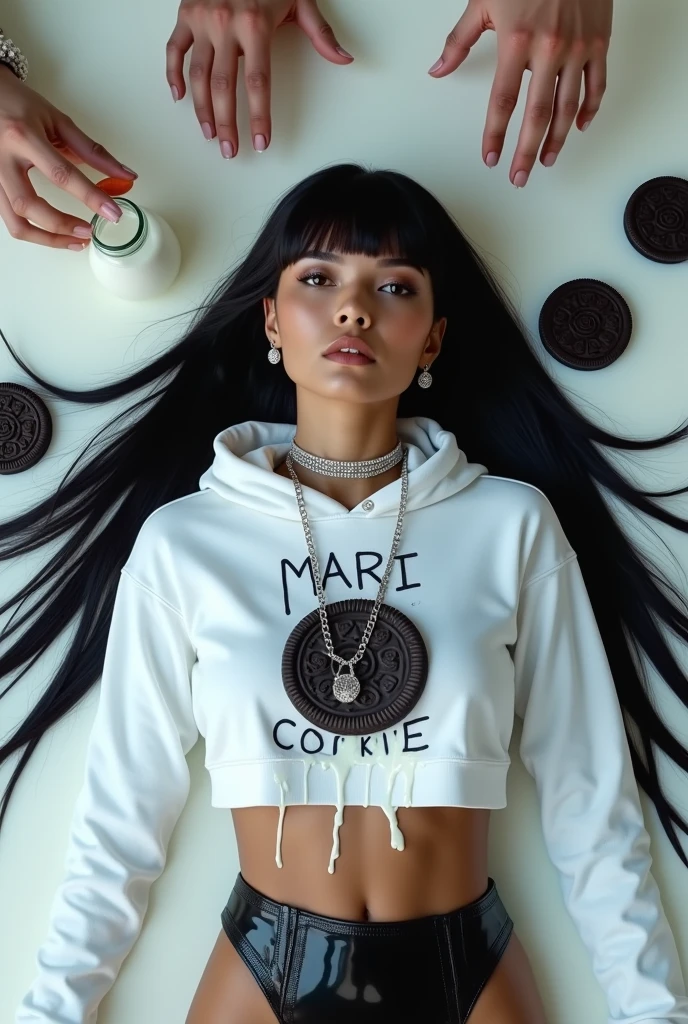 a caramel,latina blasian mixed with Latinawomen,extremely long black straight hair wit bangs,wearing a diamond chain that says “ MARII” wearing a white hoodie with Oreo cookies imprint around the hoodie with milk dripping of the cookies in the middle it say " EAT THE COOKIE " with a black gloss corset middle she laying in white ink color milk with Oreos floating around the top she has a glasses of milk standing up in the milk around her hair there also man hands above her pouring milk aerial view