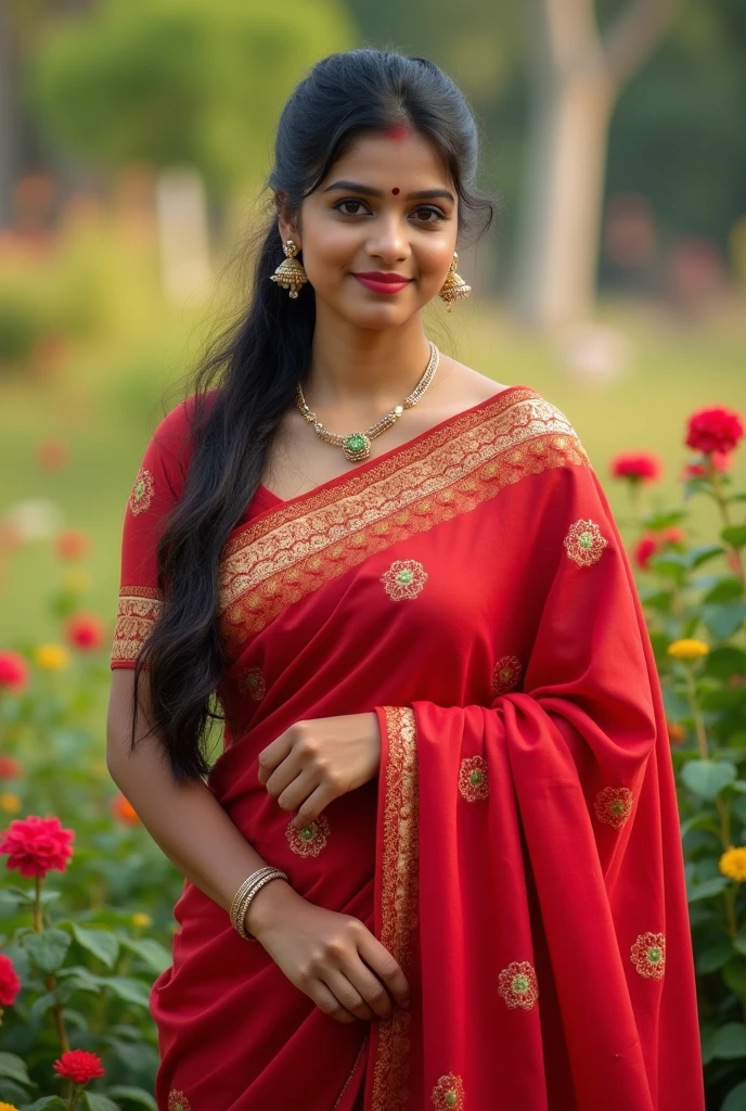 A 35Indian women, in a red designer saree,beautyfull face,light skin color,shy smile,looking at viewer,jhumka in ears,poney tail hair style,day light,glowing skin,black bindi in her forhead,flower garden background,full body,8k,ultra detailed .fat.