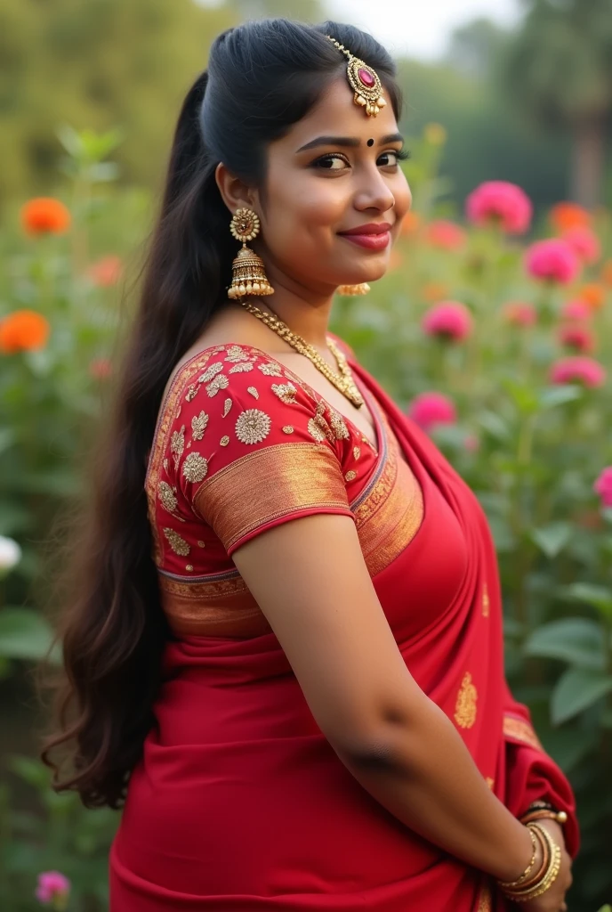 A 35Indian women, in a red designer saree,beautyfull face,light skin color,shy smile,looking at viewer,jhumka in ears,poney tail hair style,day light,glowing skin,black bindi in her forhead,flower garden background,full body,8k,ultra detailed .fat.