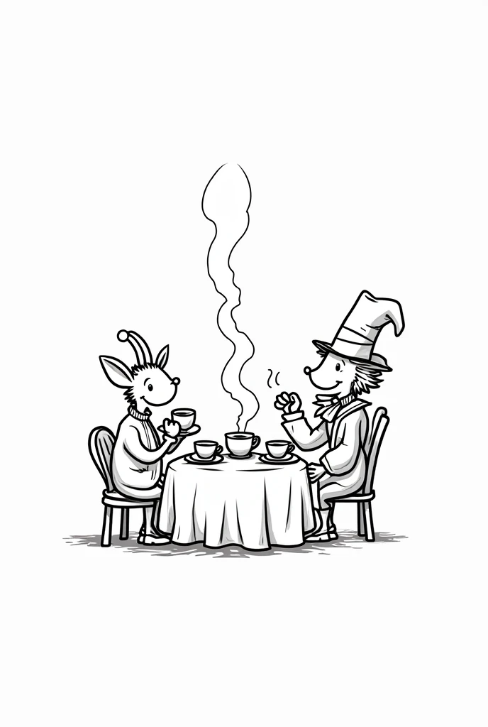 I want a SIMPLE and EASY drawing with just lines, focused on the theme "Tea Party in Wonderland." The drawing should be CLEAN, with minimal details and not too many elements, making it EASY to color.