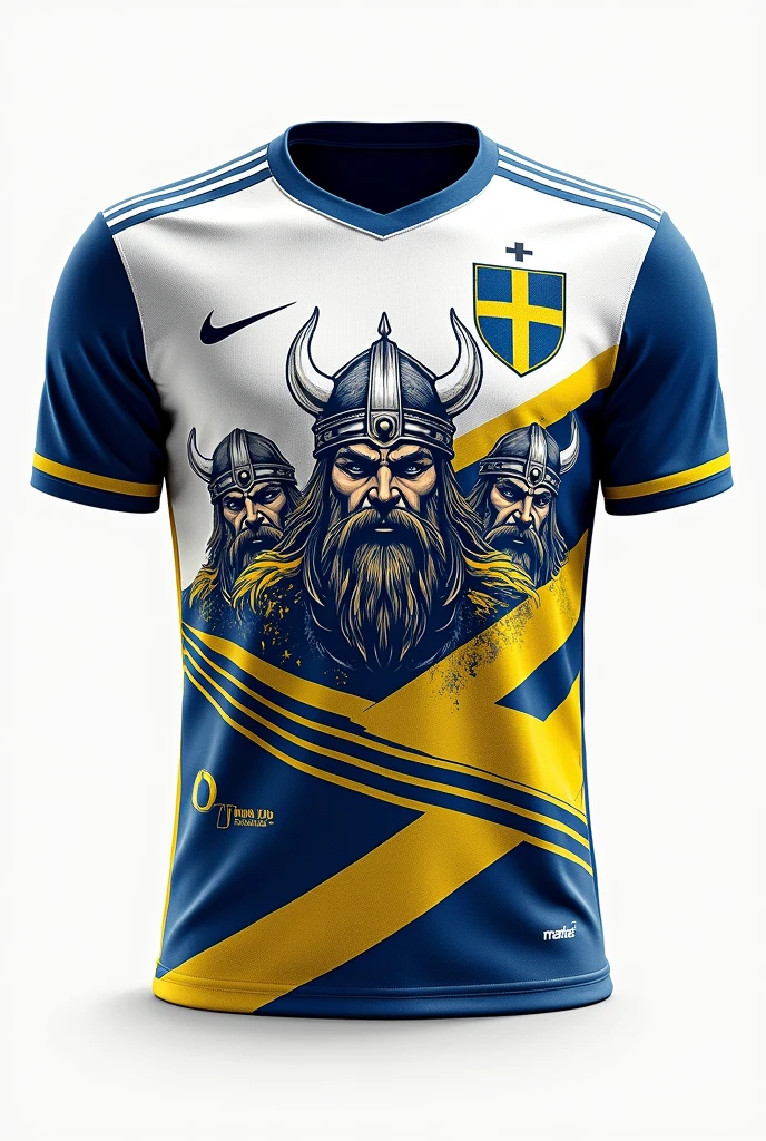 create a white swedish team shirt with vikings and blue and yellow details