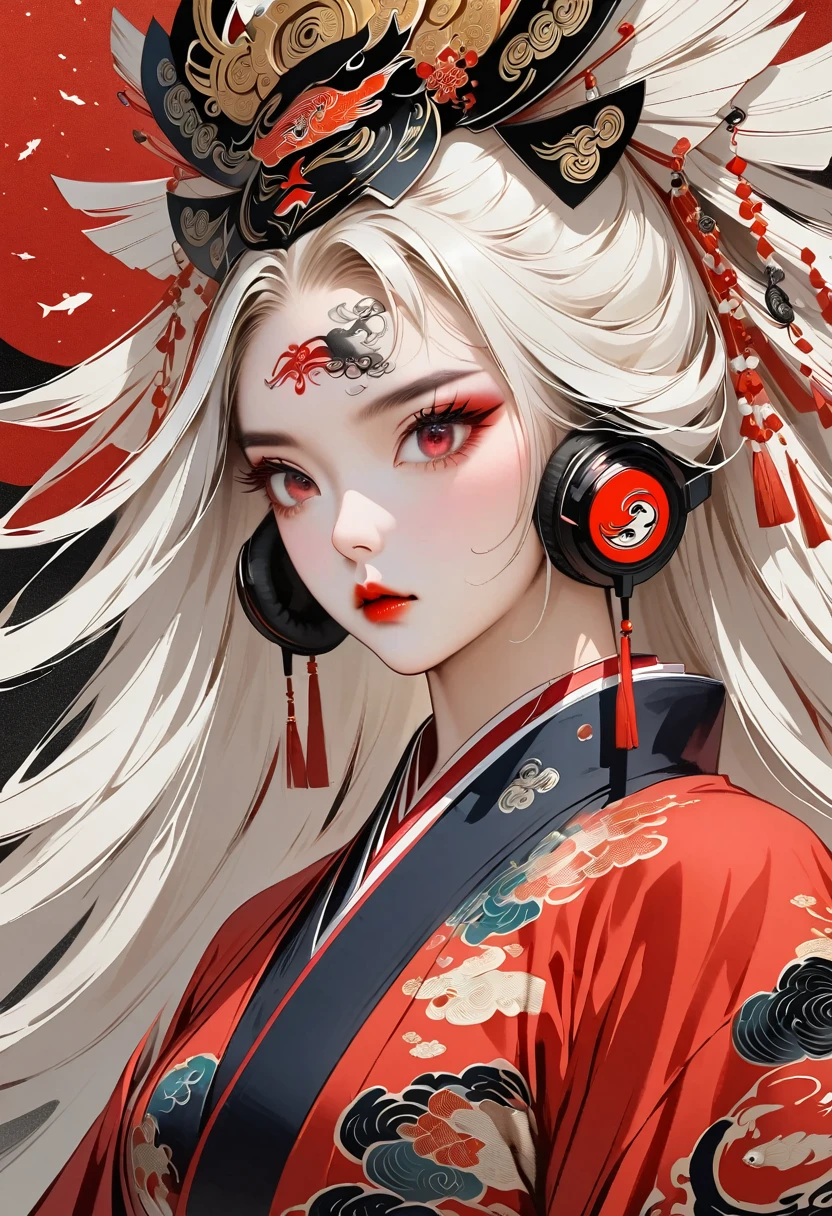 Modern art style for girl, black ponytail, complex background, Flying fish, (Koi colors:1.3), [Red thread|Black topics]
Ink painting, (((1 girl))), (((Tattoo in the middle of the forehead))),(((In the background is the Akatsuki moon))), (((Oiran))), (((Great hair accessories))), Japanese style headphones, Demon possession, (((Red eyes with an inscription inside them))),Face up close, Japanese beauty, White hair, Sensitive and precise, Modern Ukiyo-e style