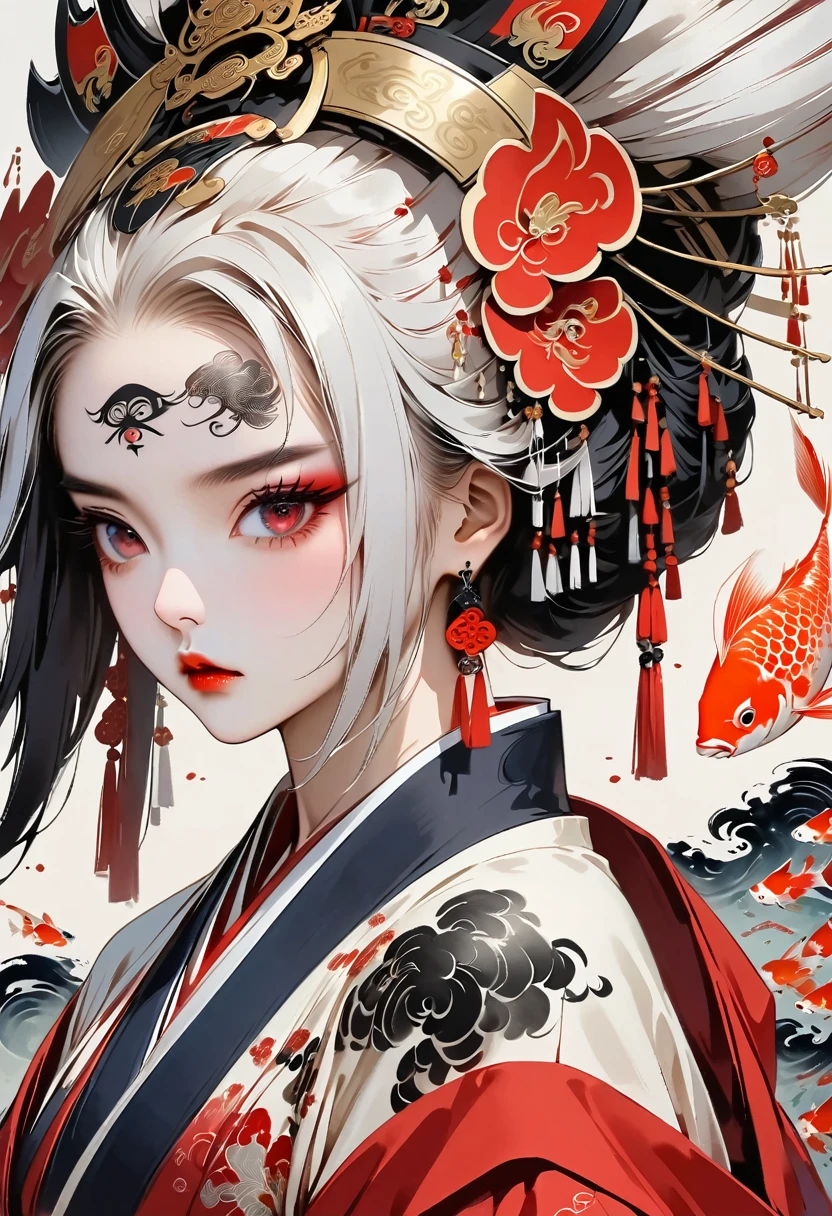 Modern art style for girl, black ponytail, complex background, Flying fish, (Koi colors:1.3), [Red thread|Black topics]
Ink painting, (((1 girl))), (((Tattoo in the middle of the forehead))),(((In the background is the Akatsuki moon))), (((Oiran))), (((Great hair accessories))), Japanese style headphones, Demon possession, (((Red eyes with an inscription inside them))),Face up close, Japanese beauty, White hair, Sensitive and precise, Modern Ukiyo-e style
