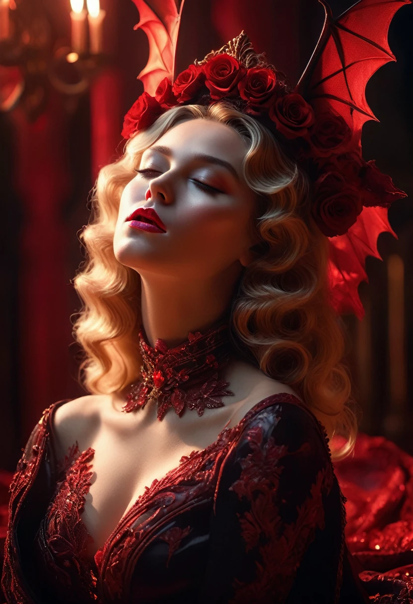 真实感, Surrealism, 8k, Award Winning Digital Artwork, ダークファンタジー, dramatic lighting, photo by full body, from sideways, wide-angle, deep-shadows, youthful appearance, extremely high detailed skin, perfect wavy blonde hair, (The iest vampire in the world is seducing someone), (laying on of hands), closed lips, she is wearing very elaborate clothes with fine prints and glass textures, she exudes irresistible sensuality, delicate as a flower, sexs hell, the viewer is plunged into a dream filled with sexualon, the scene unfolds in a dungeon dimly lit by a red magical light, black magic rituals, witchcraft, red and olive tones, mysterious red energy, red lighting drama, Bright dark, melancholic atmosphere, film composition.