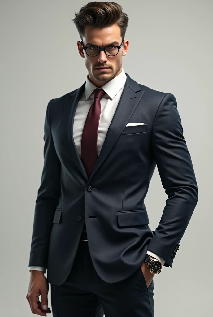 A 23 year old boy wearing suit ,tie ,watch,glasses, maroon colour shoes.
The boy should look aggressive