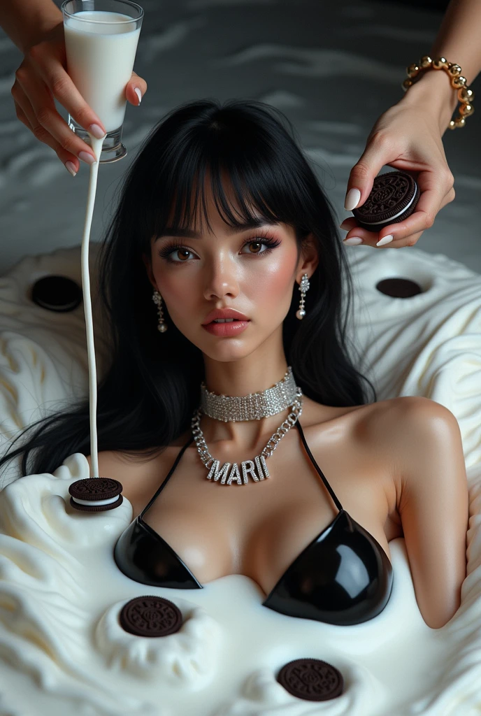 a caramel,latina blasian mixed with Latinawomen,extremely long black straight hair wit bangs,wearing a diamond chain that says “ MARII” with milk dripping of the cookies in the middle it say " EAT THE COOKIE " with a black gloss corset middle she laying in white ink color milk with Oreos floating around the top she has a glasses of milk standing up in the milk around her hair there also man hands above her pouring milk aerial view