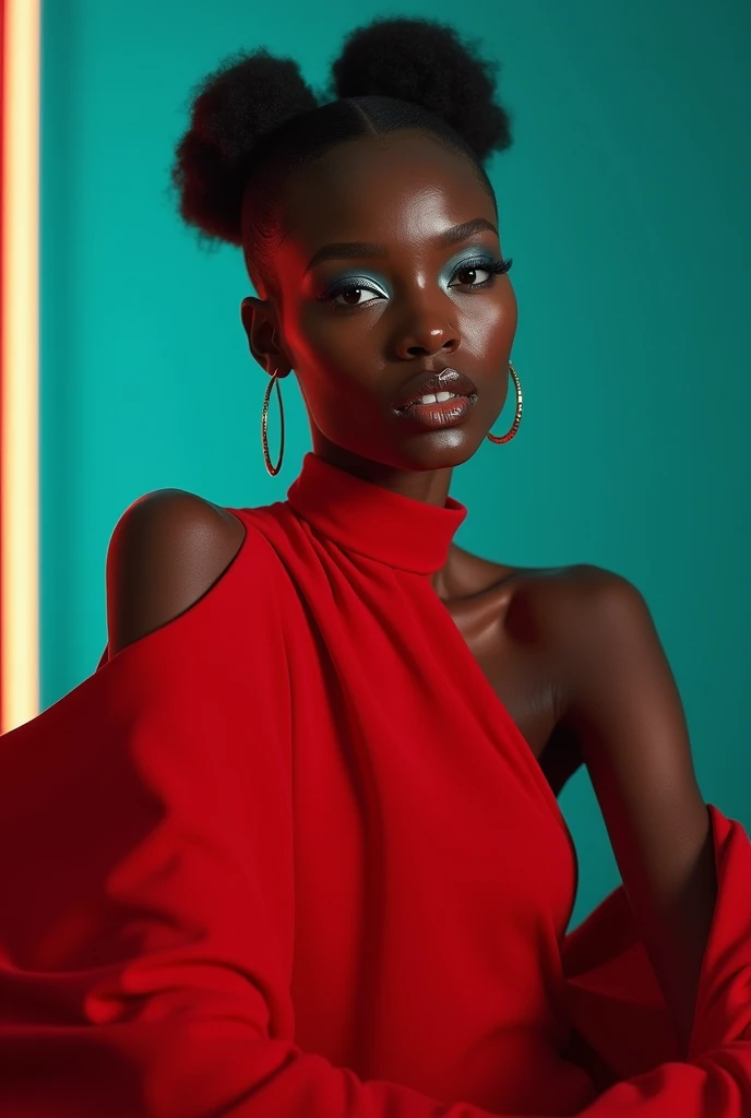 une femme en robe rouge posant pour une photo, a portrait, tendance sur la société cg, afrofuturisme, turquoise et rouge vénitien, Patrick Demarchelier, diablo 4 reine, détails exquis, buste avec un beau cou, éditorial officiel de Valentino, peau foncée avec une teinte bleue, jehan georges vibert, Contraste des couleurs, Brillant, Samburu, petit-fils de Benjamin, image publicitaire] --avec 9:16