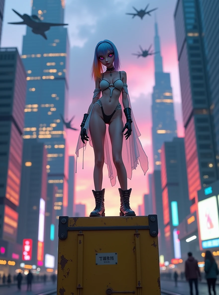 "description": "A futuristic scene in a city at dusk, precisely at 5 pm, with tall skyscrapers of modern architecture and neon lights beginning to illuminate the streets. Flying vehicles soar through the sky, and pedestrians in technological clothing walk along the sidewalks. In the center of the scene, an alien female who appears human is standing on a yellow, rusted metal container. Despite being 60 Earth years old, in her species, she looks like a 16-year-old human girl. She has one lilac eye and the other red, with long, straight hair that starts blue at the roots and turns orange at the ends. She is 150 cm tall.",
"details": {
"appearance": "The alien has a figure with large breasts and hips, and she wears only a nearly transparent veil of fabric that lightly covers her body, while her hands are protected by tactical gloves, and she wears boots. Her species breathes through the skin, so she cannot cover it entirely. Her posture exudes confidence in this cyberpunk and slightly dystopian environment.",
"camera_position": "The camera is positioned 50 cm away from her and just 10 cm off the ground, capturing the scene from a low angle that emphasizes the magnitude of the city behind her and her presence in the environment. The sky is partly cloudy, with purple and blue tones, as the city around her seems to come alive in the golden hour."
}