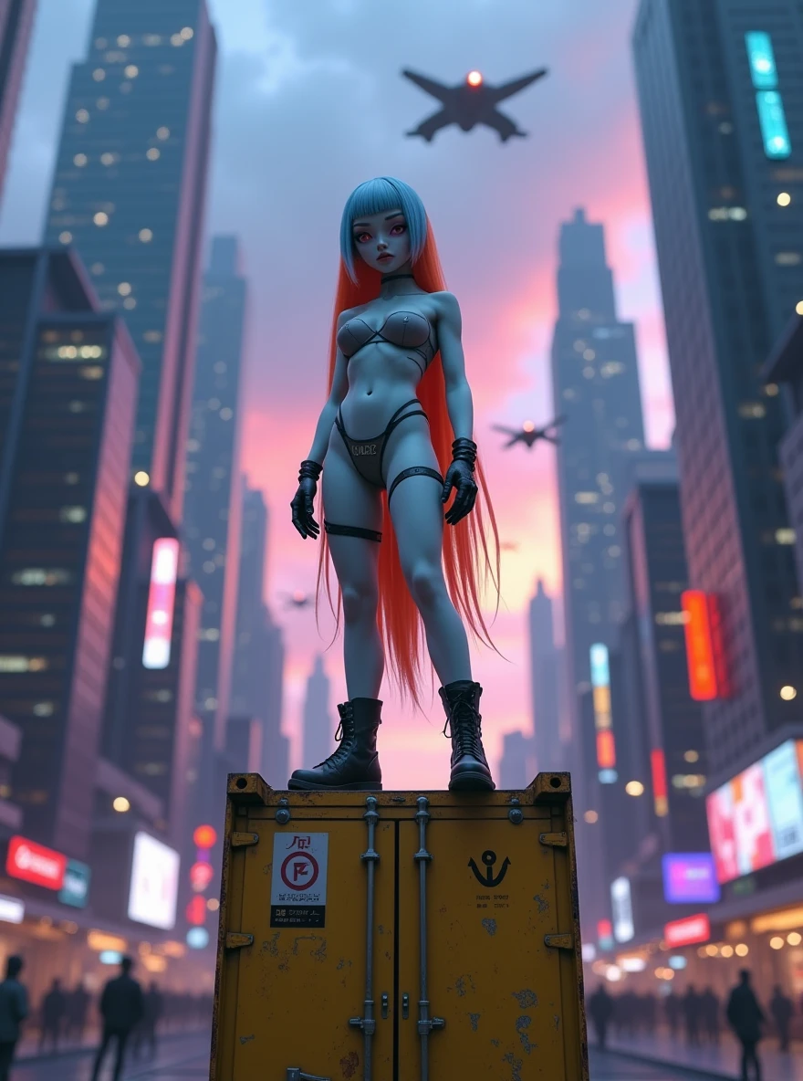 "description": "A futuristic scene in a city at dusk, precisely at 5 pm, with tall skyscrapers of modern architecture and neon lights beginning to illuminate the streets. Flying vehicles soar through the sky, and pedestrians in technological clothing walk along the sidewalks. In the center of the scene, an alien female who appears human is standing on a yellow, rusted metal container. Despite being 60 Earth years old, in her species, she looks like a 16-year-old human girl. She has one lilac eye and the other red, with long, straight hair that starts blue at the roots and turns orange at the ends. She is 150 cm tall.",
"details": {
"appearance": "The alien has a figure with large breasts and hips, and she wears only a nearly transparent veil of fabric that lightly covers her body, while her hands are protected by tactical gloves, and she wears boots. Her species breathes through the skin, so she cannot cover it entirely. Her posture exudes confidence in this cyberpunk and slightly dystopian environment.",
"camera_position": "The camera is positioned 50 cm away from her and just 10 cm off the ground, capturing the scene from a low angle that emphasizes the magnitude of the city behind her and her presence in the environment. The sky is partly cloudy, with purple and blue tones, as the city around her seems to come alive in the golden hour."
}