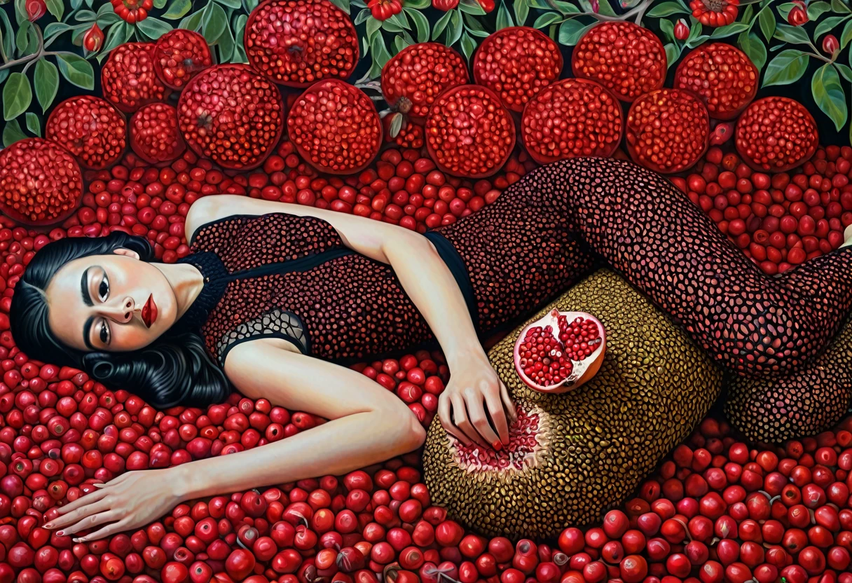 arafed woman laying on a bed of pomegranates with red flowers, jana brike art, valentina remenar, chie yoshii, inspired by Mati Klarwein, by Olivia de Berardinis, adrian borda, highly conceptual figurative art, by Mati Klarwein, frida castelli, pomegranade, alexandra fomina, pomegranates