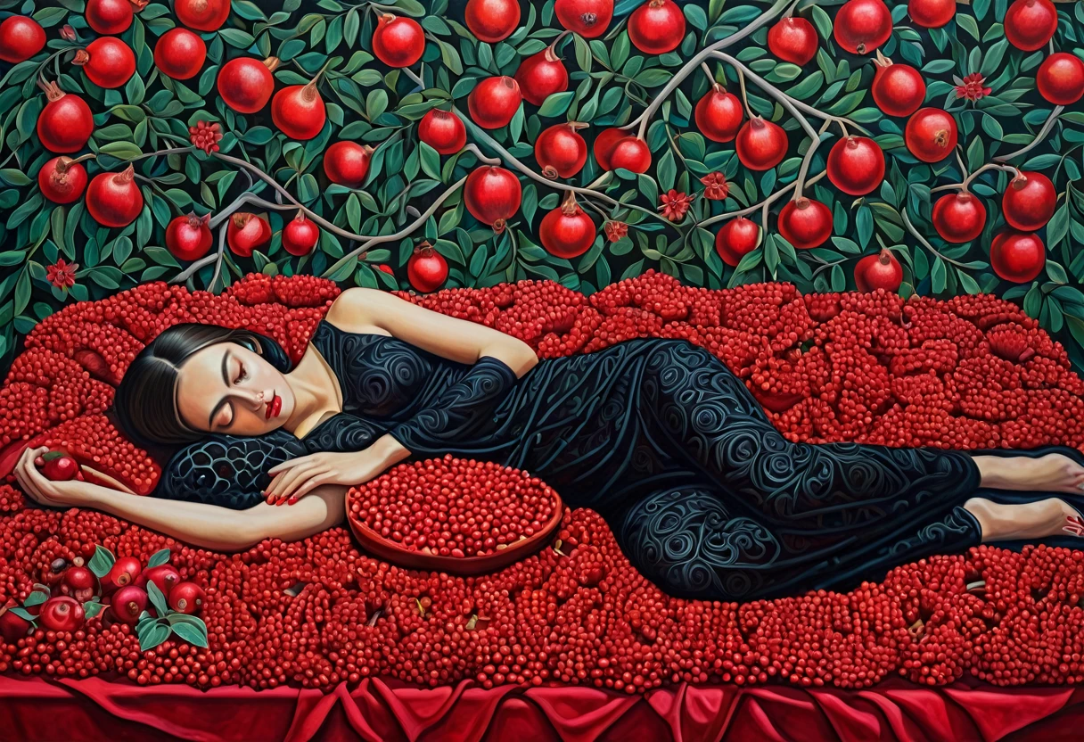 arafed woman laying on a bed of pomegranates with red flowers, jana brike art, valentina remenar, chie yoshii, inspired by Mati Klarwein, by Olivia de Berardinis, adrian borda, highly conceptual figurative art, by Mati Klarwein, frida castelli, pomegranade, alexandra fomina, pomegranates