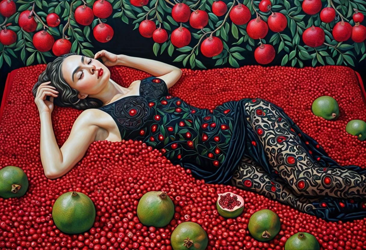 arafed woman laying on a bed of pomegranates with red flowers, jana brike art, valentina remenar, chie yoshii, inspired by Mati Klarwein, by Olivia de Berardinis, adrian borda, highly conceptual figurative art, by Mati Klarwein, frida castelli, pomegranade, alexandra fomina, pomegranates