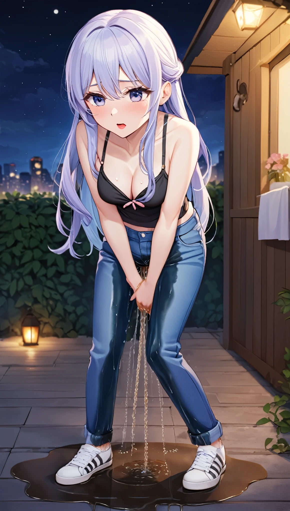 ((best quality, masterpiece:1.3, 8K)), (detailed), highly detailed face and skin texture, detailed eyes, full body, outdoor, nighttime, summer, (slender body:1.1), 1girl, (solo), (18+ years old), white skin, bright lips, worried, embarrassed, panicking, long hair, romantic outfit, medium breast, (jeans pants), (((wetting herself:2.0))), desperation:1.2,