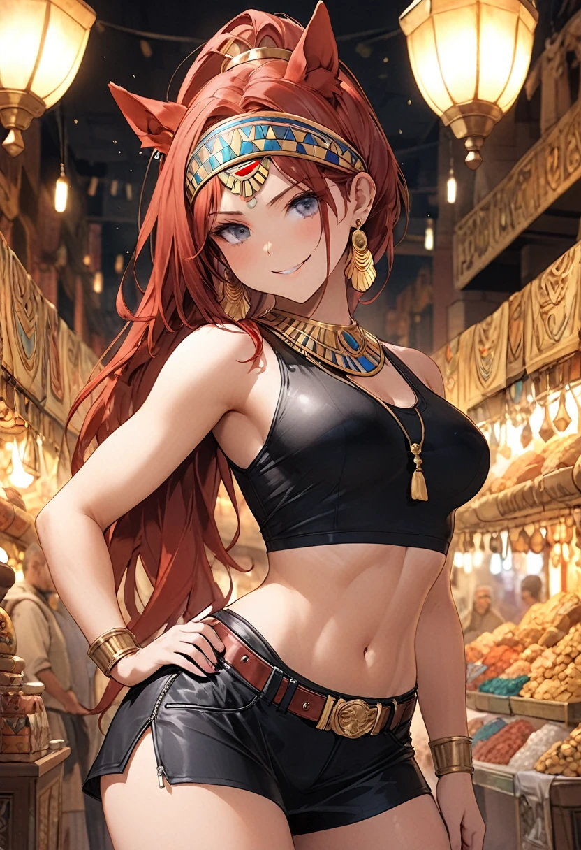 ((best quality))), ((theme: Egyptian bazaar)), wide angle, ((Ultra precision)) European woman, 1girl, grey eyes ((lustrous)), red horse ears, long red hair; ponytail, long bangs down shoulder ((red hair)), athletic physique, womanly face, Plated bandana over forehead; dangling with cerulean accessories, large oval earrings, leather zip-up jacket hanging over shoulders, crop top with midriff, short-shorts, silk skirt clipped to the hip, ceremonial dagger at the belt, hand on hip (ultra detailed face 1.5), smug pout, cinematic lighting, perfect anatomy, toward viewer ((professional illustration)) 