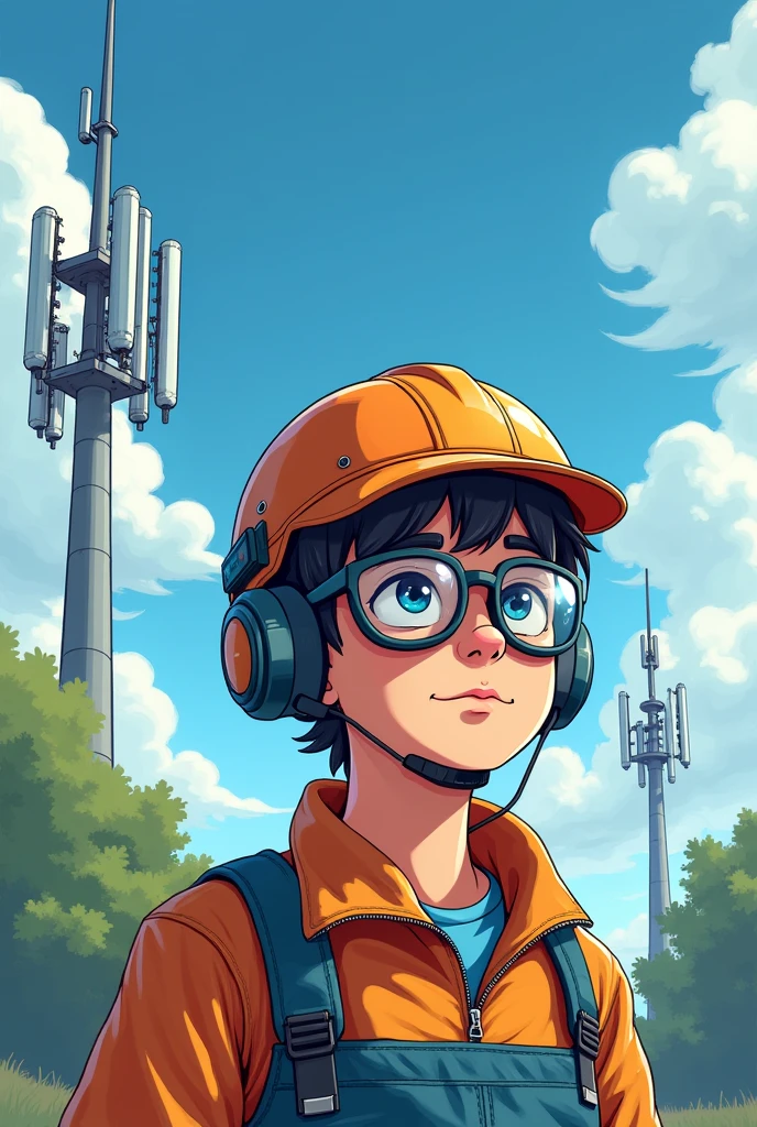 Cree une image d'un garcon en dessin anime,portant une lunette et un casque de protection,supposons qu'elle est un ingenieur en telecommunication,le fond de l'image est des  BTS avec des stations,resolution:paysage