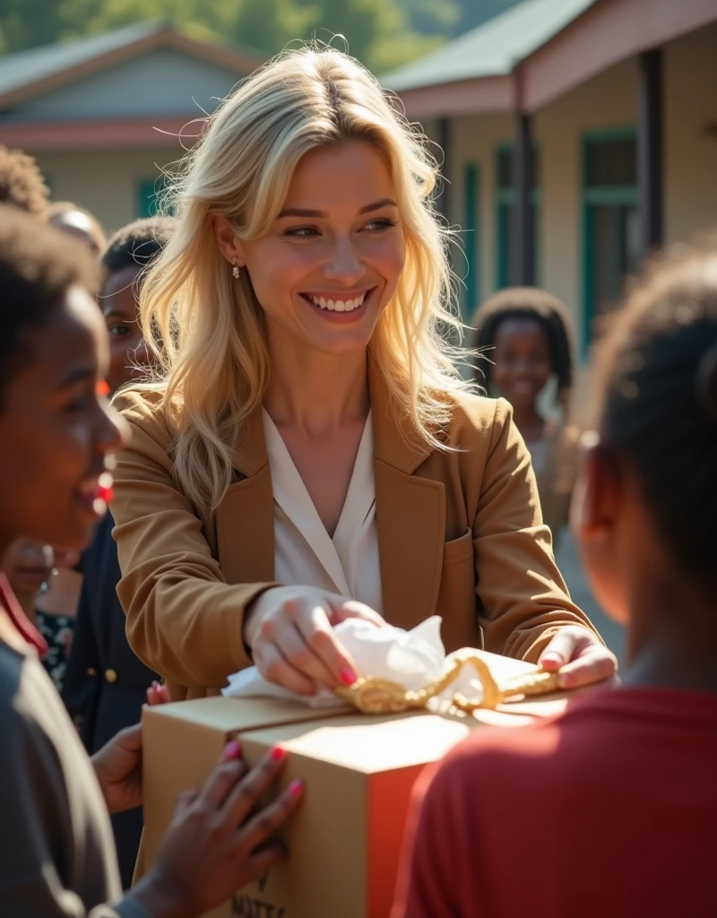 Blonde woman making donations to needy children, well dressed, feeling happy, helping people 