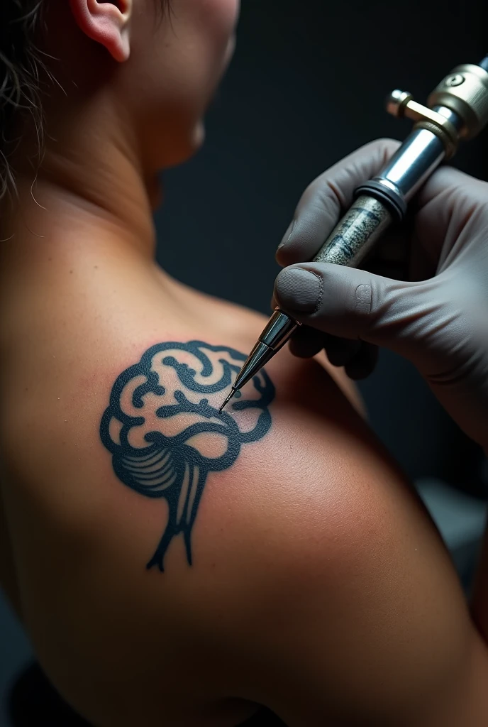 image of a psychology logo tattooing it, with a tattoo machine in his hand and the tattoo on his back

