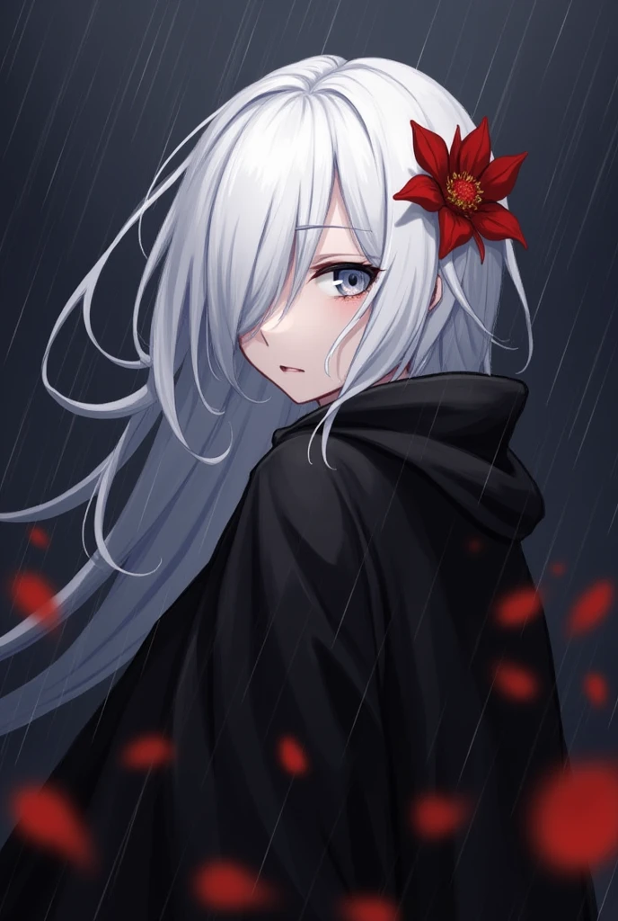1girl,solo,1girl,solo,((beautiful detailed eyes)), (detailed light),depth of field,(white hair),silver eyes,hair over one eye,(red flower ), hair flower,long hair,black cloak,wet,emotionless,looking back,night,starfall,raining,fog,red flowers falling,sketch,upper body,intense shadows,1314039502