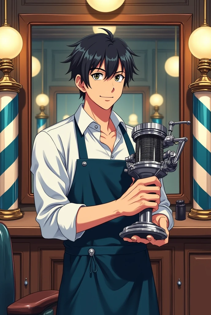 Give me an anime drawing of a man holding a barbershop machine in his hand for a half-body barbershop design