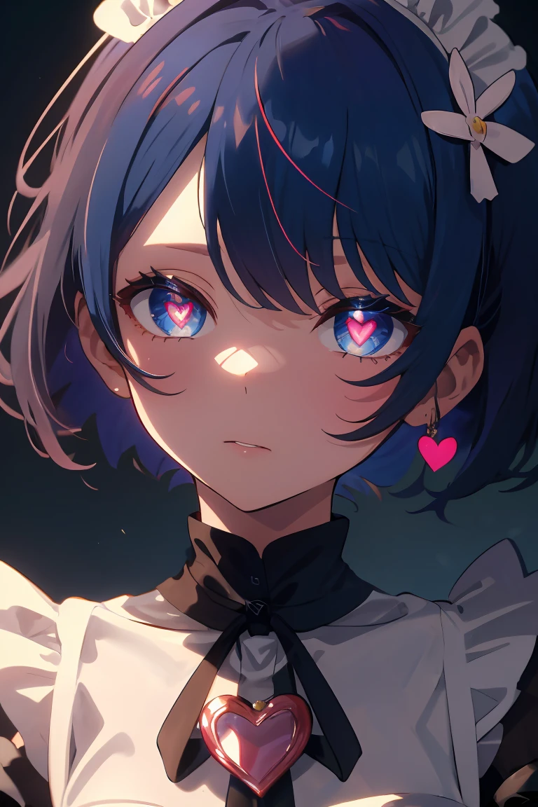 (work of art, best qualityer;1.3), ultra detaild, Looking at Viewer, 
eram_era_NULL, Close facial,hair blue, shorth hair, maid uniform, hair ornament, neckleace, maid headderass, detached sleeves, ribbon heart-shaped pupils