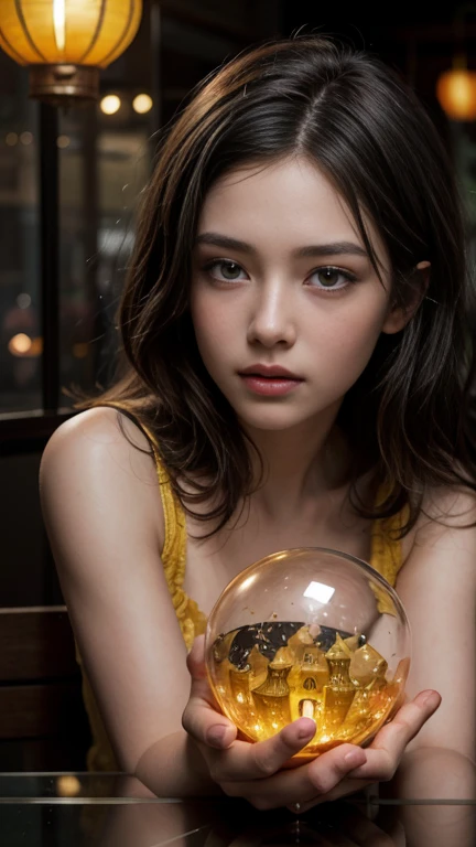 A beautiful detailed portrait of a girl with messy hair, expressive eyes, and detailed lips, floating inside a glass ball with vibrant splashes of color, shimmering golden stars and lanterns, hyper-realistic, 8k, photorealistic, masterpiece, high saturation, focus on face, sitting inside a glass case