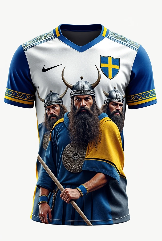 create a white swedish team shirt with vikings and blue and yellow details 