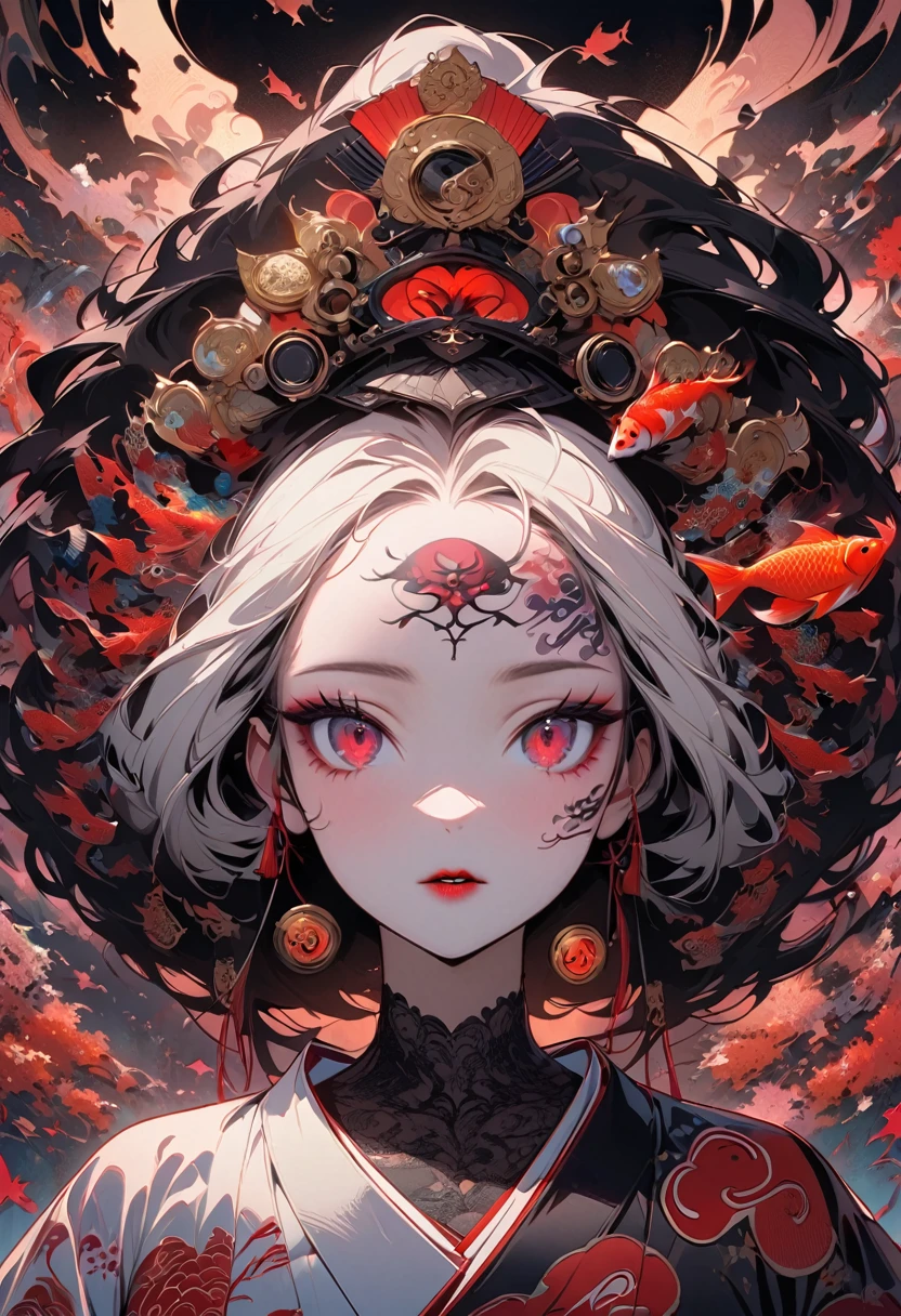 Modern art style for girl, black ponytail, complex background, Flying fish, (Koi colors:1.3), [Red thread|Black topics]
Ink painting, (((1 girl))), (((Tattoo in the middle of the forehead))),(((In the background is the Akatsuki moon))), (((Oiran))), (((Great hair accessories))), Japanese style headphones, Demon possession, (((Red eyes with an inscription inside them))),Face up close, Japanese beauty, White hair, Sensitive and precise, Modern Ukiyo-e style