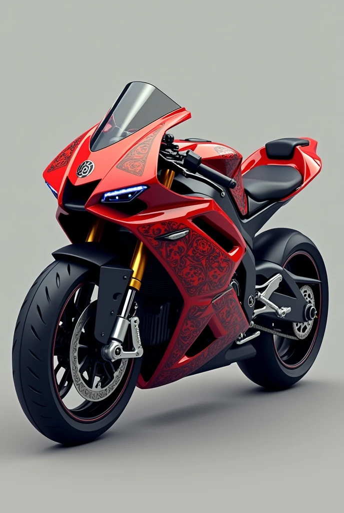 A Kawasaki painted red on one side and black on the other side with a geometric design and a sticker of the leaf village from the Naruto anime on the front