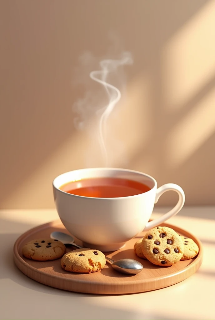 A cup of tea with spoon and cookies