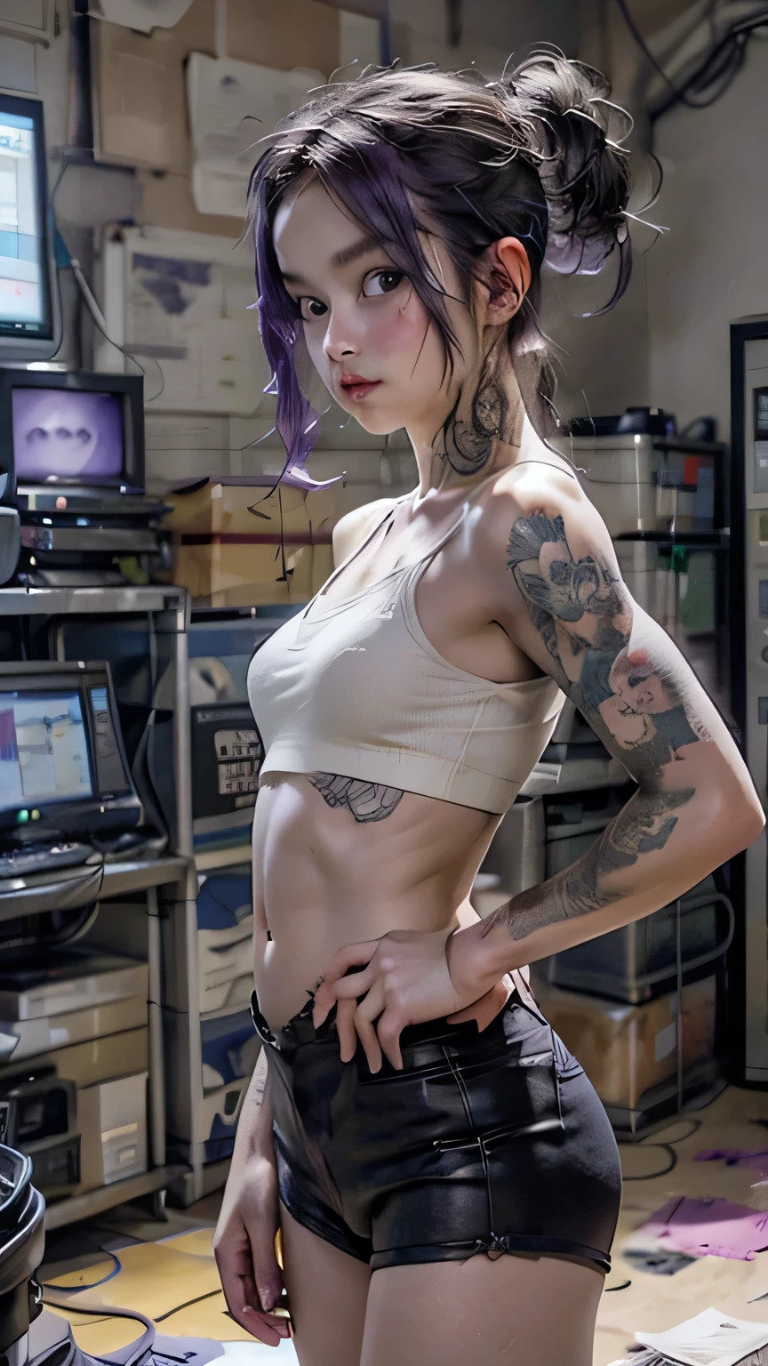 A hot cute young woman looking back in with a sexy look, standing in front of a wall of computers, intricate designs, Smokey room, covered in tattoos
(nsfw:0.55), ((purple eyes, flat chested, toned abs, baby face)), (intense colors), undercut purple hair with ponytail, cyberpunk background