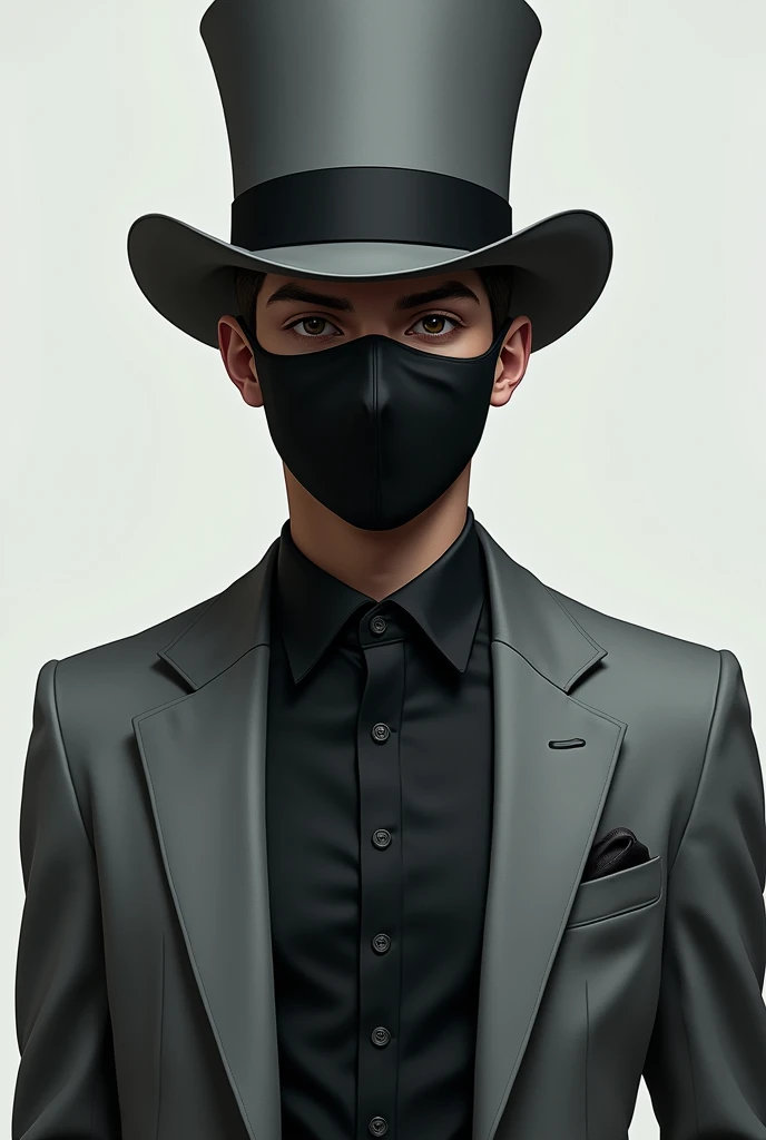 A young man in a gray top hat, black jersey, gray suit, and a mask hiding half of the face. not steampunk style 