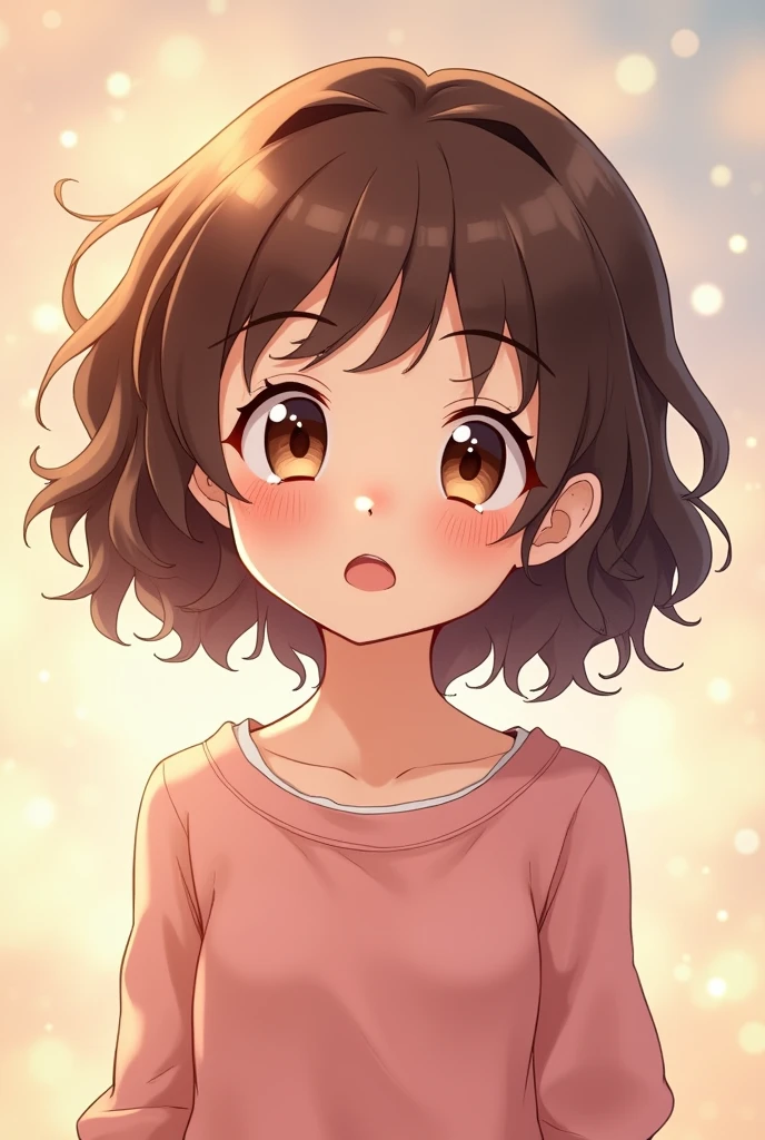 Chibby girl slim fair skin curly brown hair, with the name samantha, anime style