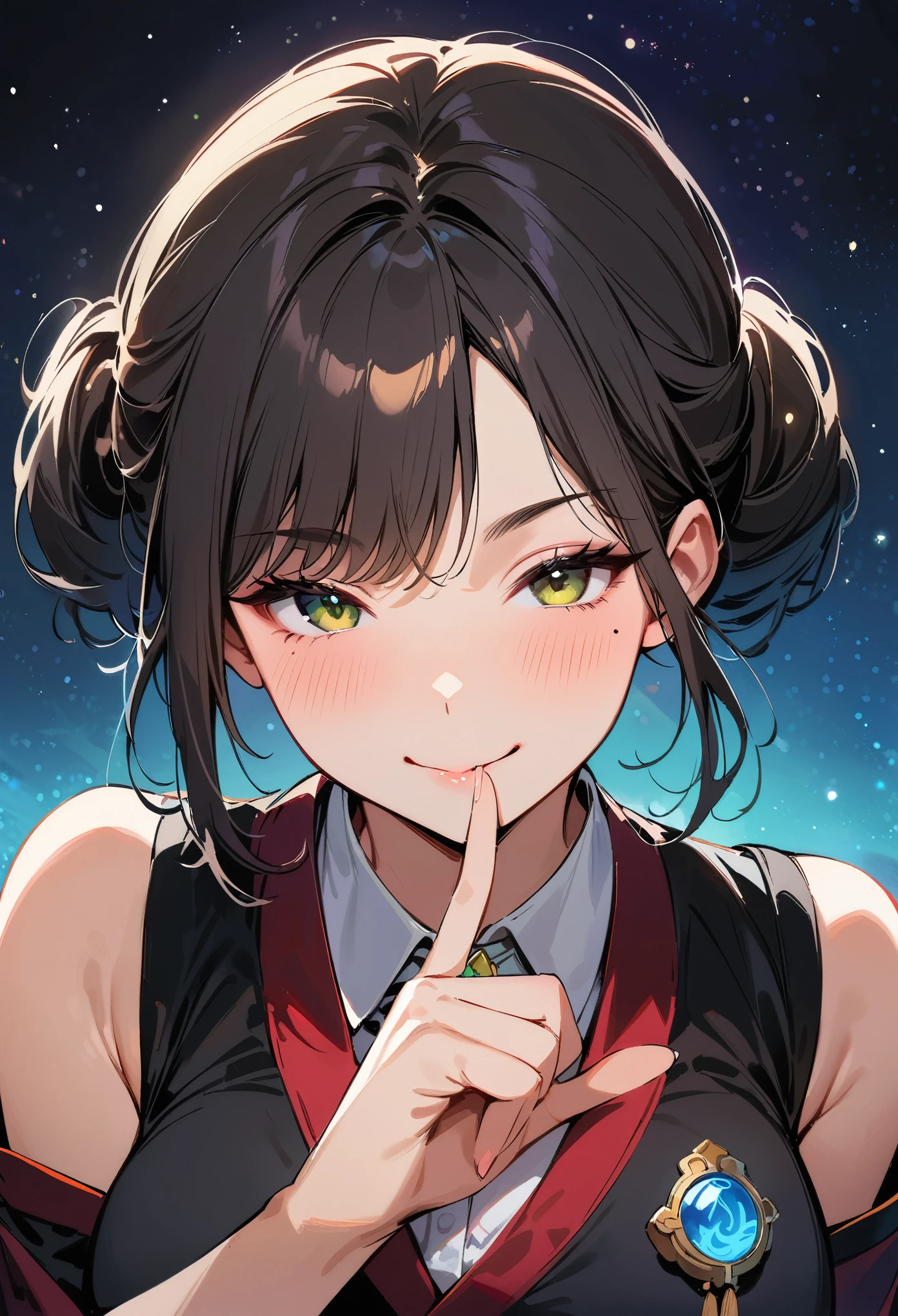 (masterpiece, best quality:1.4), 1 girl, 独奏, Star pupil, Blurred eyes, Close your left eye, Smile, Look up and down, peace gesture, Right tear mole, (Green double ponytail hairstyle:1.2),  Royal sister, large breasts, Vest, Vision, Midnight starry sky background.