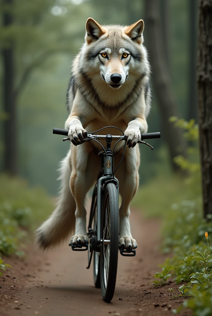 Create an image of a wolf riding a bicycle 