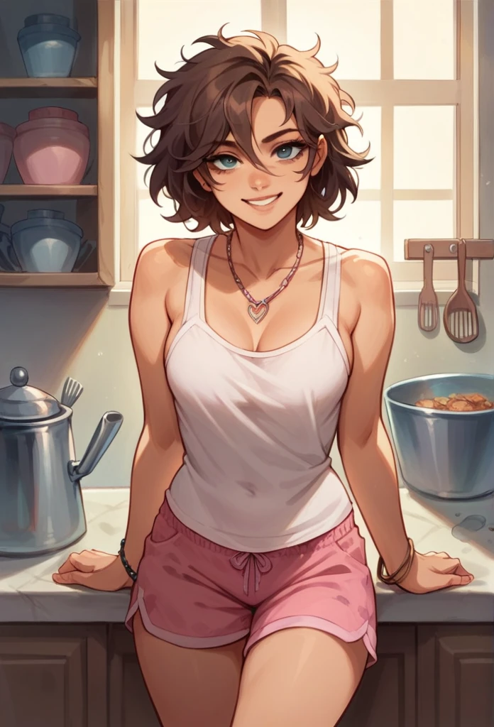 2 gorgeous 25 years old girls, wearing very small pink pajama shorts and pajama tank top, leaning against a kitchen counter, blond messy hair, necklaces, bracelets, looking straight at viewer,nsfw sultry look, seductive, seductive smile, inviting expression, suggestive