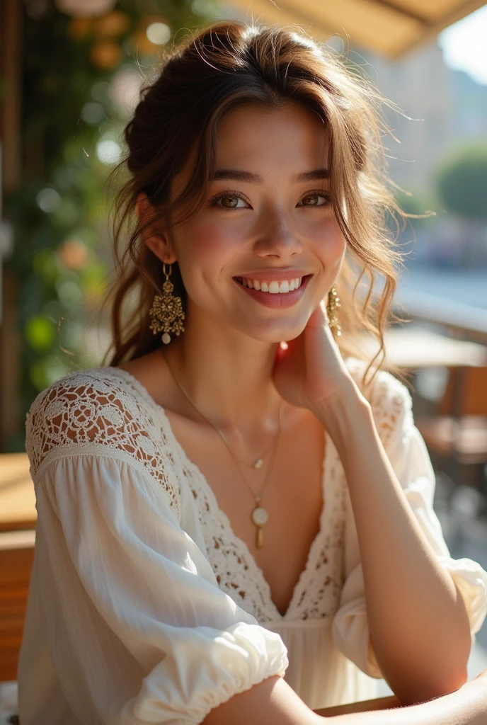 masterpiece, Highest quality, Realistic, Very detailed, Finer details, High resolution, 8k wallpaper, One beautiful woman,Wear a nice blouse, On the terrace of a lovely cafe, at noon, Light brown messy hair, Perfect dynamic composition, Beautiful and beautiful eyes、Big earrings、