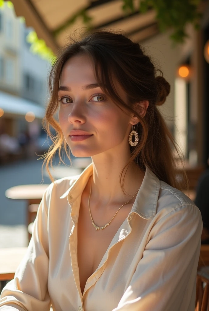 masterpiece, Highest quality, Realistic, Very detailed, Finer details, High resolution, 8k wallpaper, One beautiful woman,Wear a nice blouse, On the terrace of a lovely cafe, at noon, Light brown messy hair, Perfect dynamic composition, Beautiful and beautiful eyes、Big earrings、