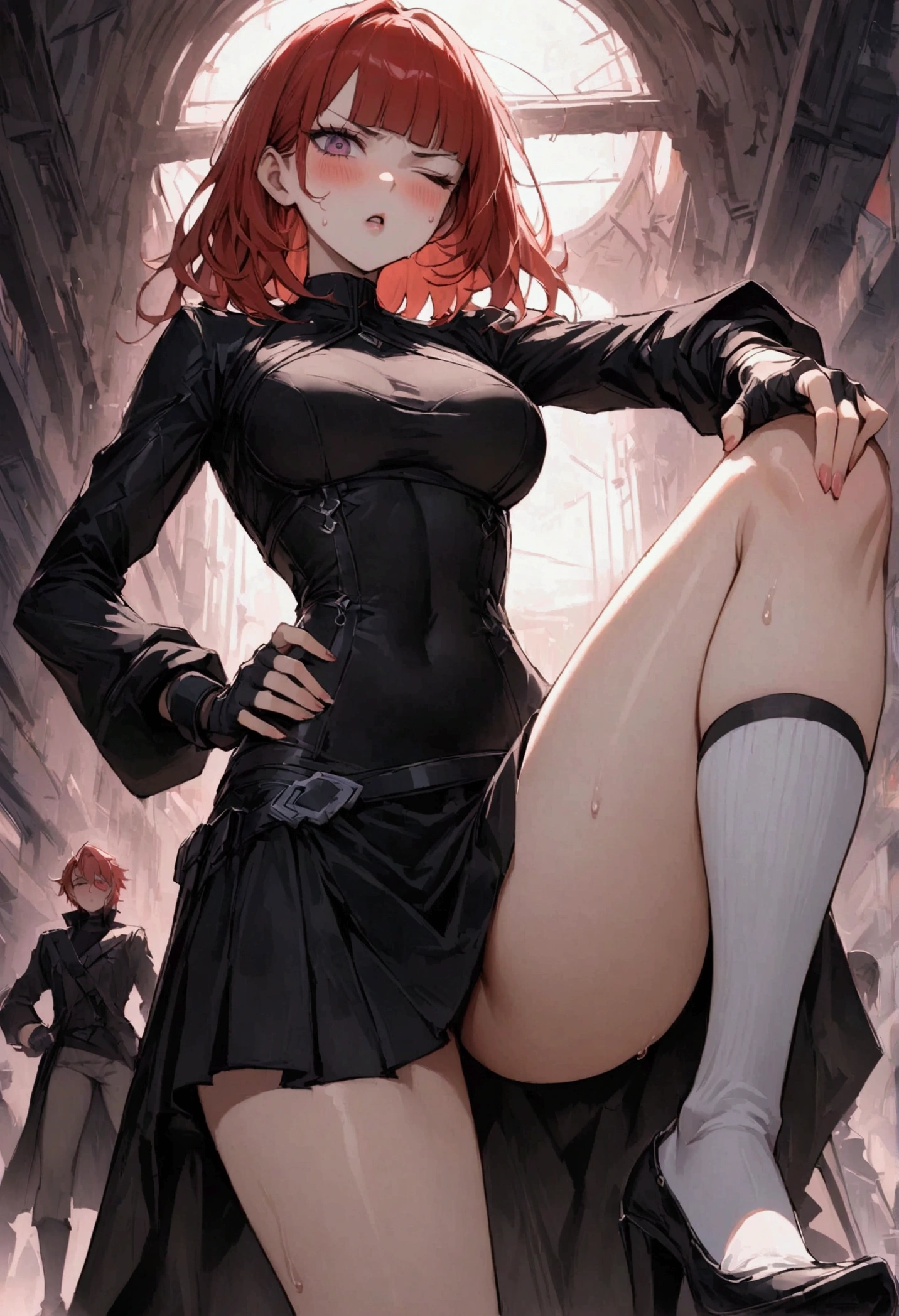{{Grit your teeth:1.4}},{{cardfight:1.6}},Hold up a futuristic card.{{hold down one's stomach with one's hands:1.6}},stand pain well,{{Grit your teeth:1.4}},one eye closed,{{{Cyberpunk style}},from below,dutch angle,from side,{{masterpiece}}, {{{Highest quality}}},{{Very detailed}},{{Female futuristic card duelist with model body}},{{standing on one knee:1.6}}{{knee up:1.6}},{{Model-like body type:1.6}},{{Cyberpunk style card duelist}},{{critical situation:1.6}},{{cardfighting stance:1.6}},Beautiful thighs,1girl,30years old,{Mature Woman}},{{Very slender legs:1.4}},skinny,Very thin legs,White high socks,{{Blue mini skirt:1.2}},White long-sleeved blouse,BLUE fingerless gloves,holster,{{Grit your teeth:1.4}},,{{v-shaped eyebrows}},Bad mood,blush,Sweat,raise one's eyebrows ,{{}}、straight hair,{long red hair }},blunt bangs.abdominal pain ,{{pain}}, ,Inside the stadium