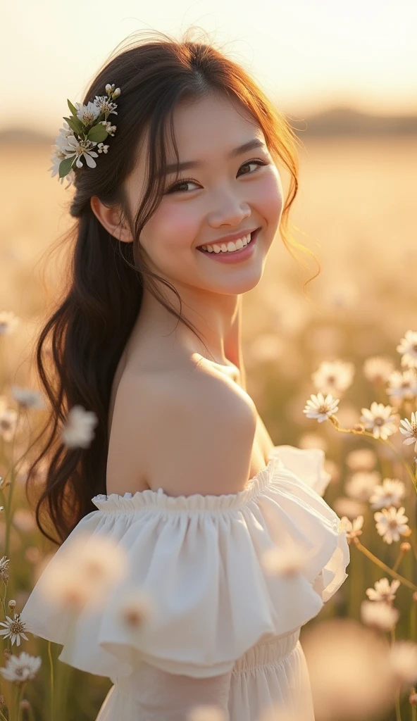 Best quality, masterpiece, ultra high res, (photorealistic:1.4), raw photo, 1girl, white dress, off shoulder, blossom flower field, glowing skin, light smile