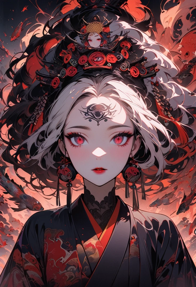 Modern art style for girl, black ponytail, complex background, Flying fish, (Koi colors:1.3), [Red thread|Black topics]
Ink painting, (((1 girl))), (((Tattoo in the middle of the forehead))),(((In the background is the Akatsuki moon))), (((Oiran))), (((Great hair accessories))), Japanese style headphones, Demon possession, (((Red eyes with an inscription inside them))),Face up close, Japanese beauty, White hair, Sensitive and precise, Modern Ukiyo-e style