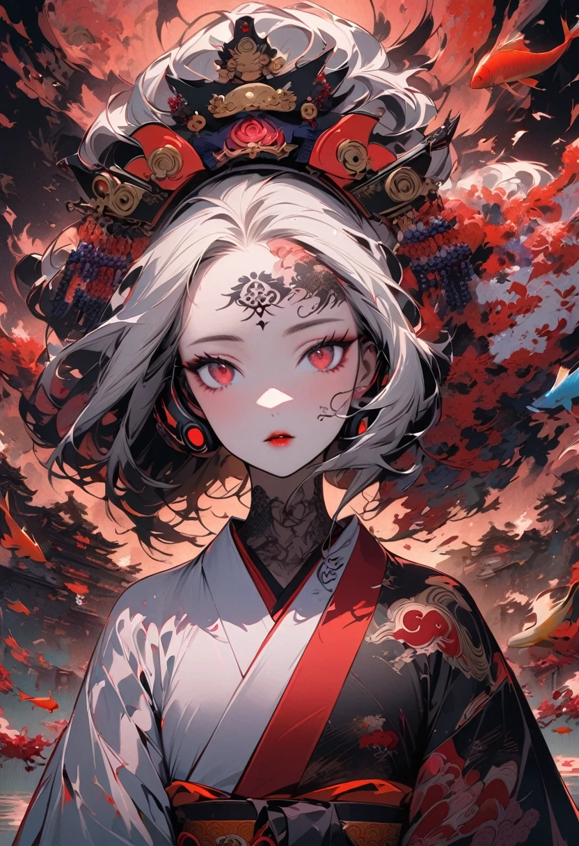 Modern art style for girl, black ponytail, complex background, Flying fish, (Koi colors:1.3), [Red thread|Black topics]
Ink painting, (((1 girl))), (((Tattoo in the middle of the forehead))),(((In the background is the Akatsuki moon))), (((Oiran))), (((Great hair accessories))), Japanese style headphones, Demon possession, (((Red eyes with an inscription inside them))),Face up close, Japanese beauty, White hair, Sensitive and precise, Modern Ukiyo-e style