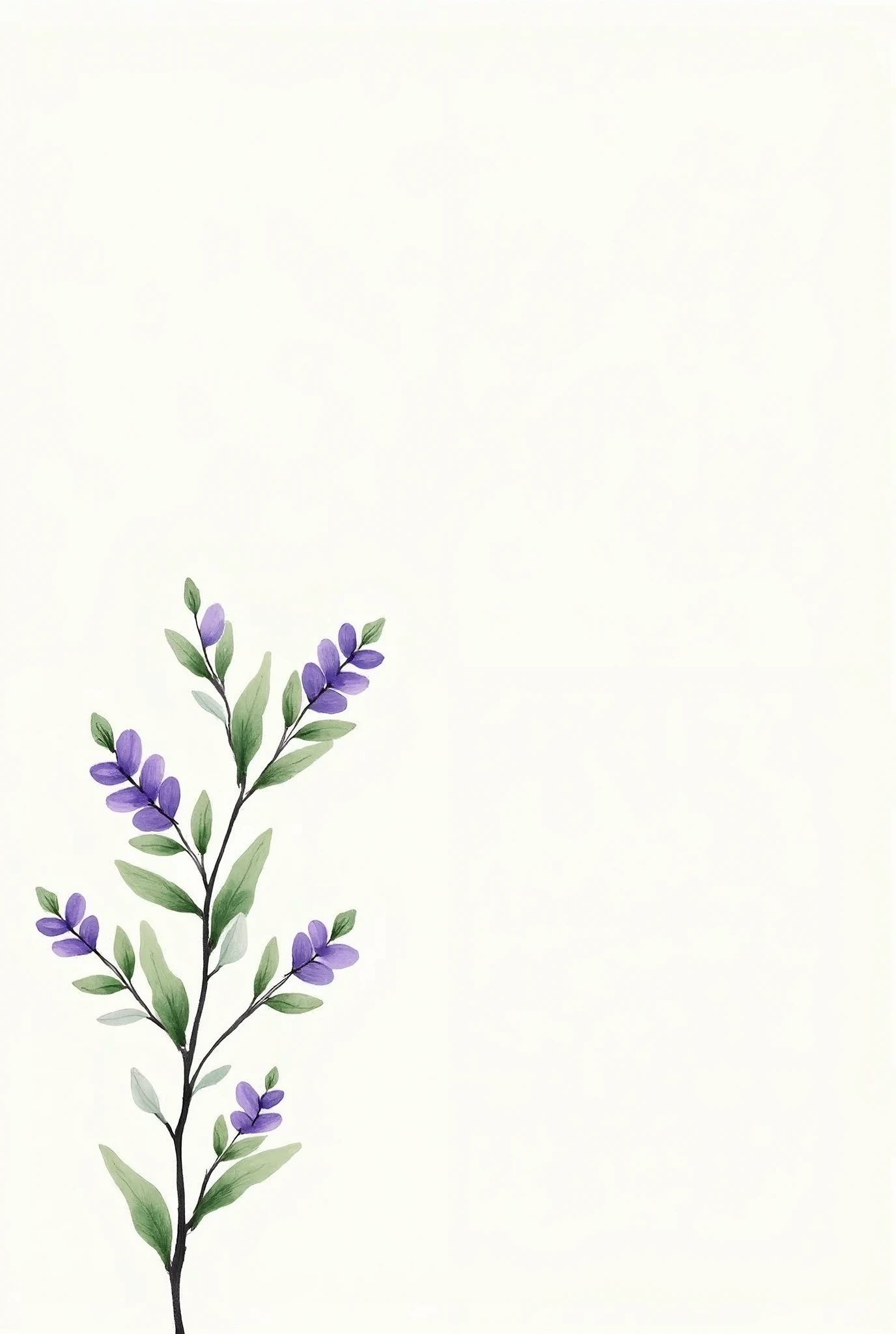 Backgroundless image with several branches with several ramifications with purple chotecitos and small, round, green sage-colored leaves, in watercolor technique. that looks leafy