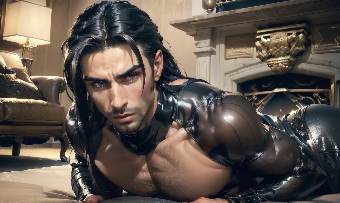 "((highly detailed, detailed eyes, detailed face, clear and realistic facial features, photorealistic, realistic light; cinematic, close-up)), (1 man), ((((living room background)))), (((gorgeous exotic sexy masculine muscular male middle-eastern gigolo))), (((rich brown middle-eastern skin tone))), ((29-year-old male)), (((seductive intense expression))), (((erotic inviting pose))), ((intense gaze)), (((long sexy dark hair))), (((dressed in tight masculine clothing))), ((oiled up)), ((seductive pose, looking down at you))."