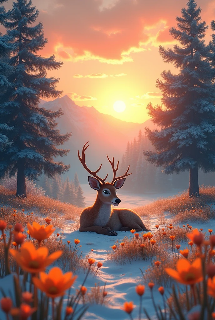 Valley of orange lilly bulbs and cornflowers with a beautiful sunset in winter, with spruce trees around. The valley isn’t too big and there is a deer in the middle of the picture. The deer has light blue eyes and is peacefully sleeping in the middle of the valley