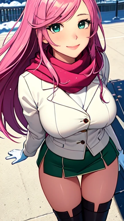 Masterpiece, raw, beautiful art, professional artist, 8k, art style by sciamano240, very detailed face, very detailed hair, 1 woman, perfectly drawn body, beautiful face, long hair, pink hair , very detailed green eyes , rosey cheeks, intricate details in eyes, playful smile, looking directly at viewer , in love with viewer expression, lipstick, wearing cute winter clothes, white winter coat, gloves, sweater, scarf, short pencil skirt, thigh boots, sunny winter day, walking, pov with viewer, very close up on face,