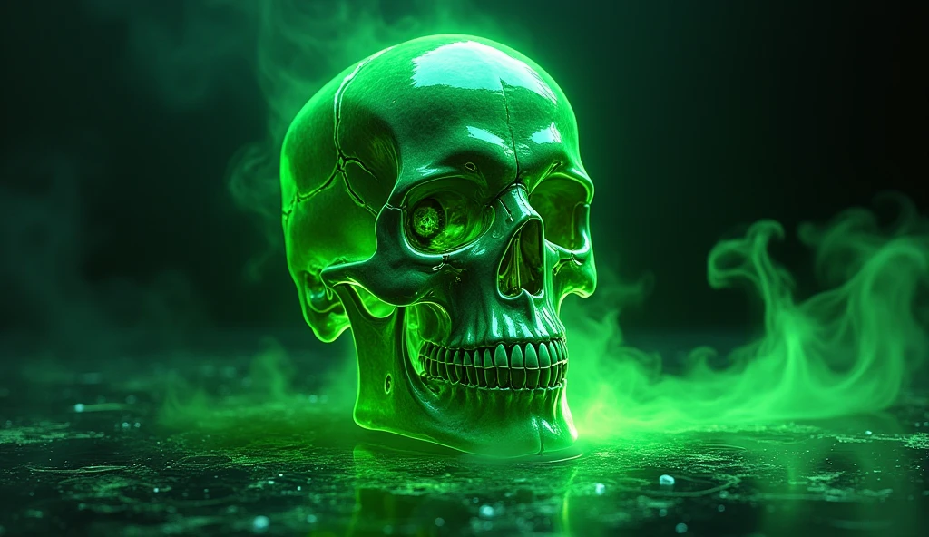 Realistic colored glass skull, Beautiful and exquisite.The protrusions have a colorful dust-like texture、Translucent and glows green from the inside、Floating vaguely in the darknesouth wide open。The background is pitch black darkness、Nothing but skulls、Front facing、Levitation、Burning with green flames、There's nothing underneath、Open your mouth、Looking down、Luminous body、Not a decoration、Pitch Darkness、Flame engraving on the head、A world where the light doesn't shine、dark matter、Floating in space、no gravity、There is no shadow below、One face、Look here